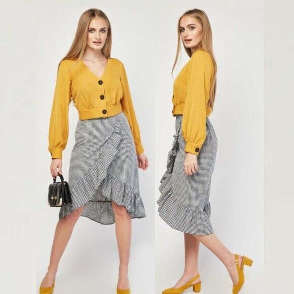 Ruffle Wrap Midi in Black White Gingham Plaid High Low Mid Rise Modest Skirt - Picture 2 of 5